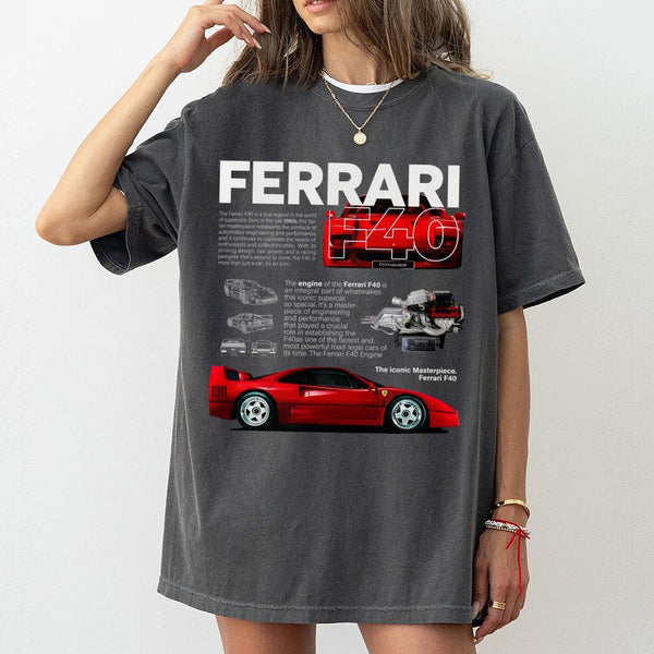 Ferrari F40 Graphic T-Shirt | Retro 1980s Supercar Blueprint Design | Premium 100% Cotton Tee | Gift for Car Enthusiasts and 