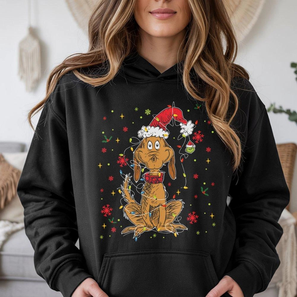 Christmas Dog Hoodie | Max Wearing Santa Hat and Holiday Lights Graphic | Soft Cotton-Poly Blend | Festive Holiday Gift for D