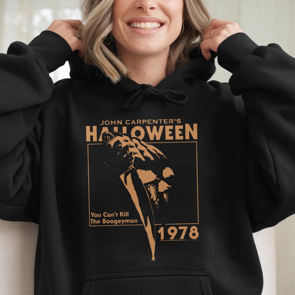 Horror Movie Graphic Hoodie | 1978 Slasher Film Inspired Design | Cotton-Blend Premium Apparel | Retro Halloween Gift for Hor