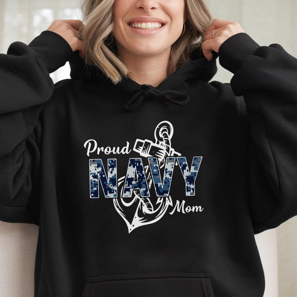 Proud Navy Mom Hoodie | Camo Anchor Military Design | Premium Cotton-Blend Sweatshirt | Supportive Gift for Navy Sailor Paren