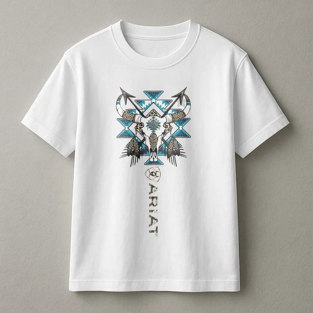 Western Bull Skull T-Shirt | Aztec Tribal Longhorn Graphic | Premium Cotton Unisex Tee | Cowboy Ranch Gift for Her