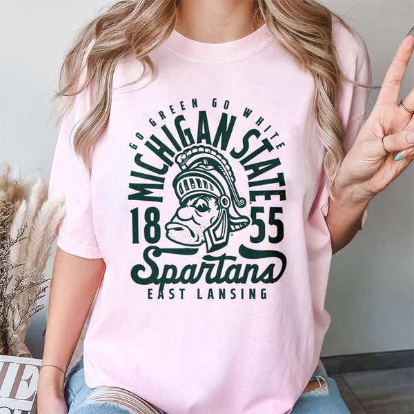 Michigan State Spartans T-Shirt | Vintage Mascot Go Green Go White Graphic | Premium 100% Cotton Tee | Collegiate East Lansin