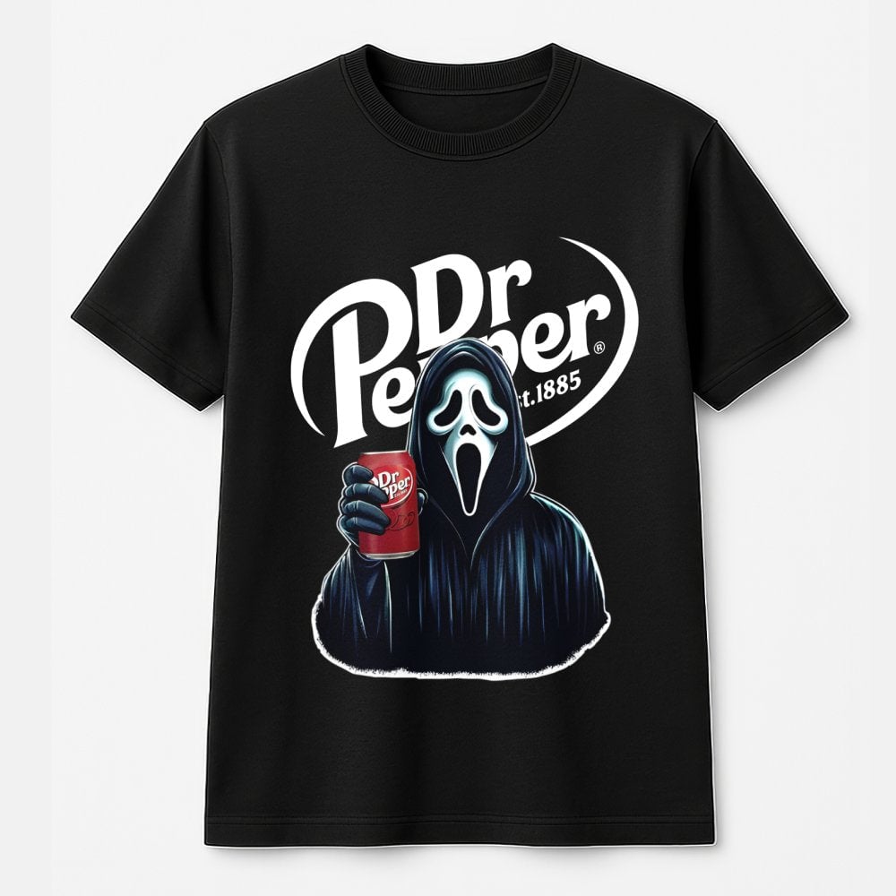 Horror Movie Ghost Graphic T-Shirt | Scary Slasher Drinking Soda Design | Premium Soft Cotton Tee | Unisex Halloween Gift for