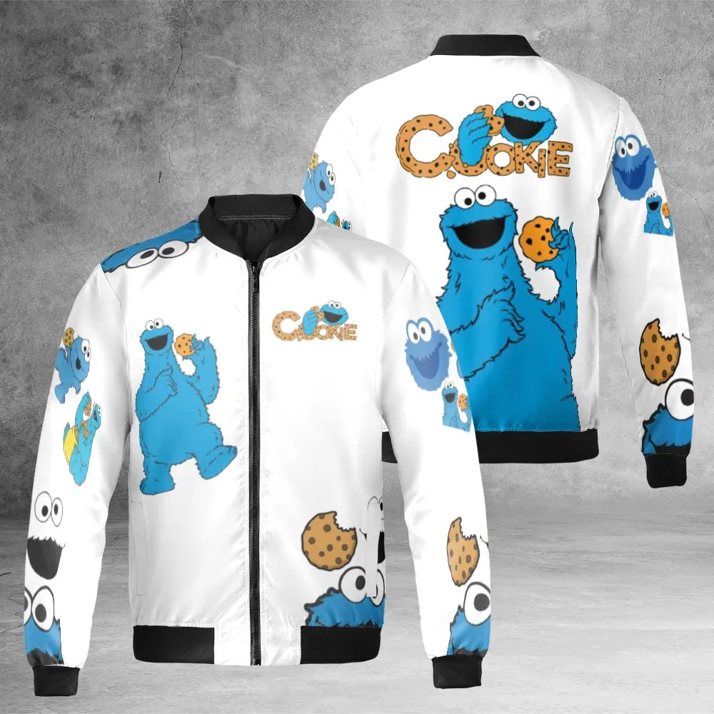 Blue Monster Bomber Jacket | Cookie Lover Streetwear Design | Durable Nylon Shell | Gift For Fans Of Retro Cartoons
