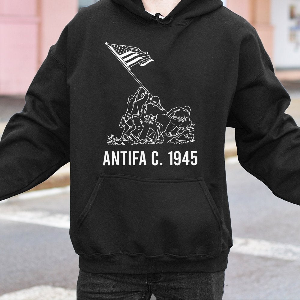 Antifa 1945 Hoodie | Iwo Jima Flag Raising Graphic | Premium Cotton Blend Sweatshirt | Pro-Democracy Anti-Fascist Gift