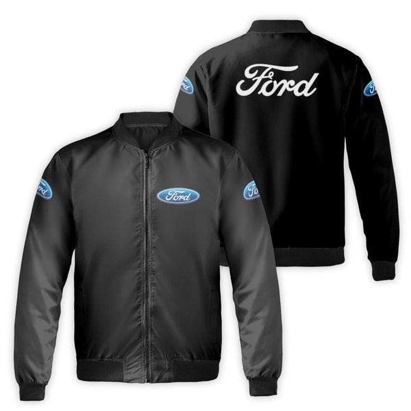 Ford Logo Bomber Jacket | Classic Black Nylon Streetwear | Premium Padded Quilted Lining | Automotive Enthusiast Gift For Men