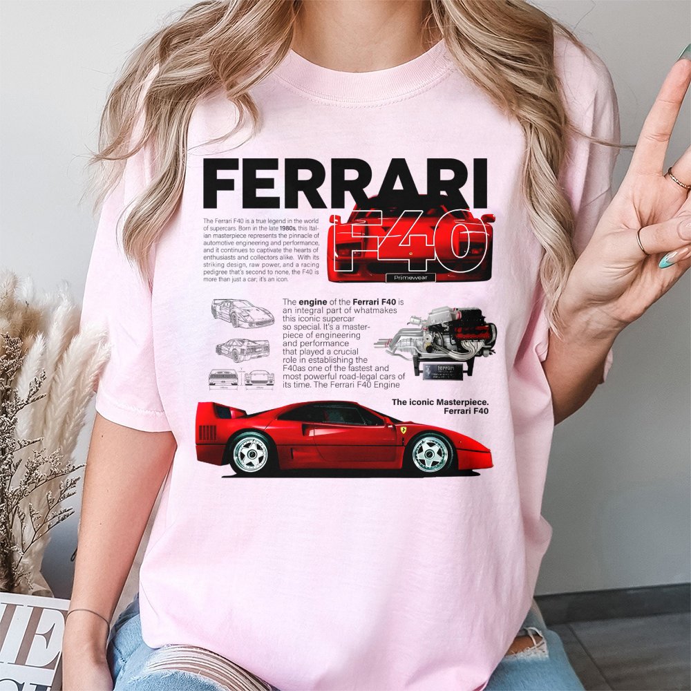 Ferrari F40 Graphic T-Shirt | Retro 1980s Supercar Blueprint Design | Premium 100% Cotton Tee | Gift for Car Enthusiasts and 