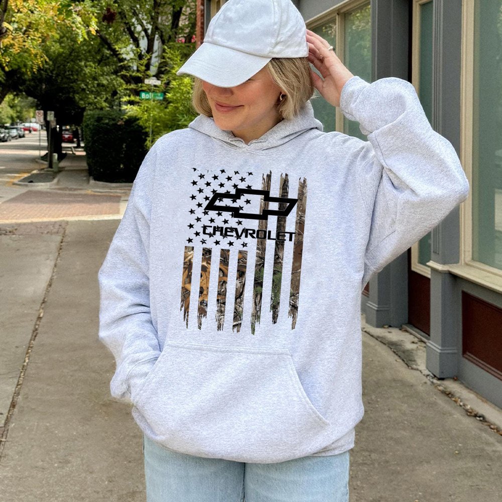 Chevrolet Camo Flag Hoodie | Distressed USA Flag Graphic Design | Premium Cotton Blend | Gift for Truck Lovers and Auto Enthu