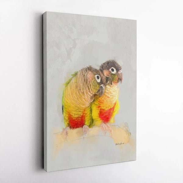 Green-Cheeked Conure Canvas Art | Watercolor Bird Couple Painting | 1.25-Inch Premium Gallery Profile | Parrot Lover Home Dec