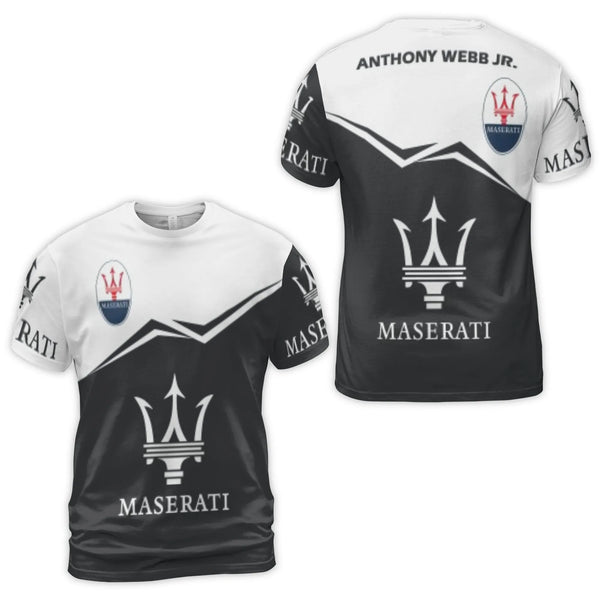 Luxury Sports Car Logo T-Shirt | Maserati Trident 3D Graphic | Premium Polyester Blend | Custom Racing Apparel for Car Enthus