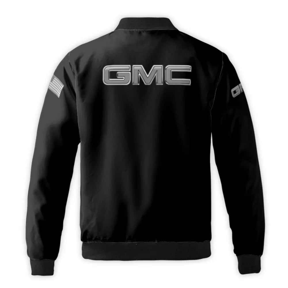 GMC Bomber Jacket | American Flag Logo Print | Durable Nylon Outerwear | Patriotic Automotive Enthusiast Gift