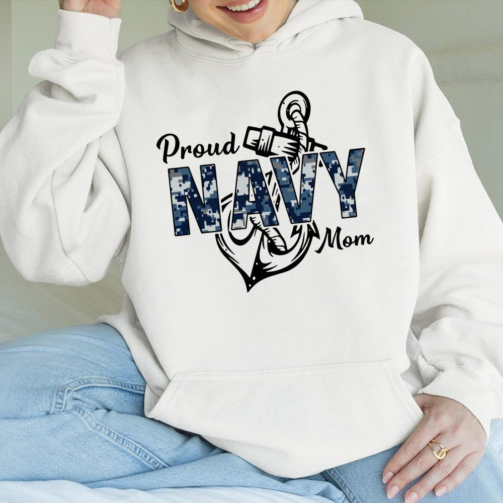 Proud Navy Mom Hoodie | Camo Anchor Military Design | Premium Cotton-Blend Sweatshirt | Supportive Gift for Navy Sailor Paren