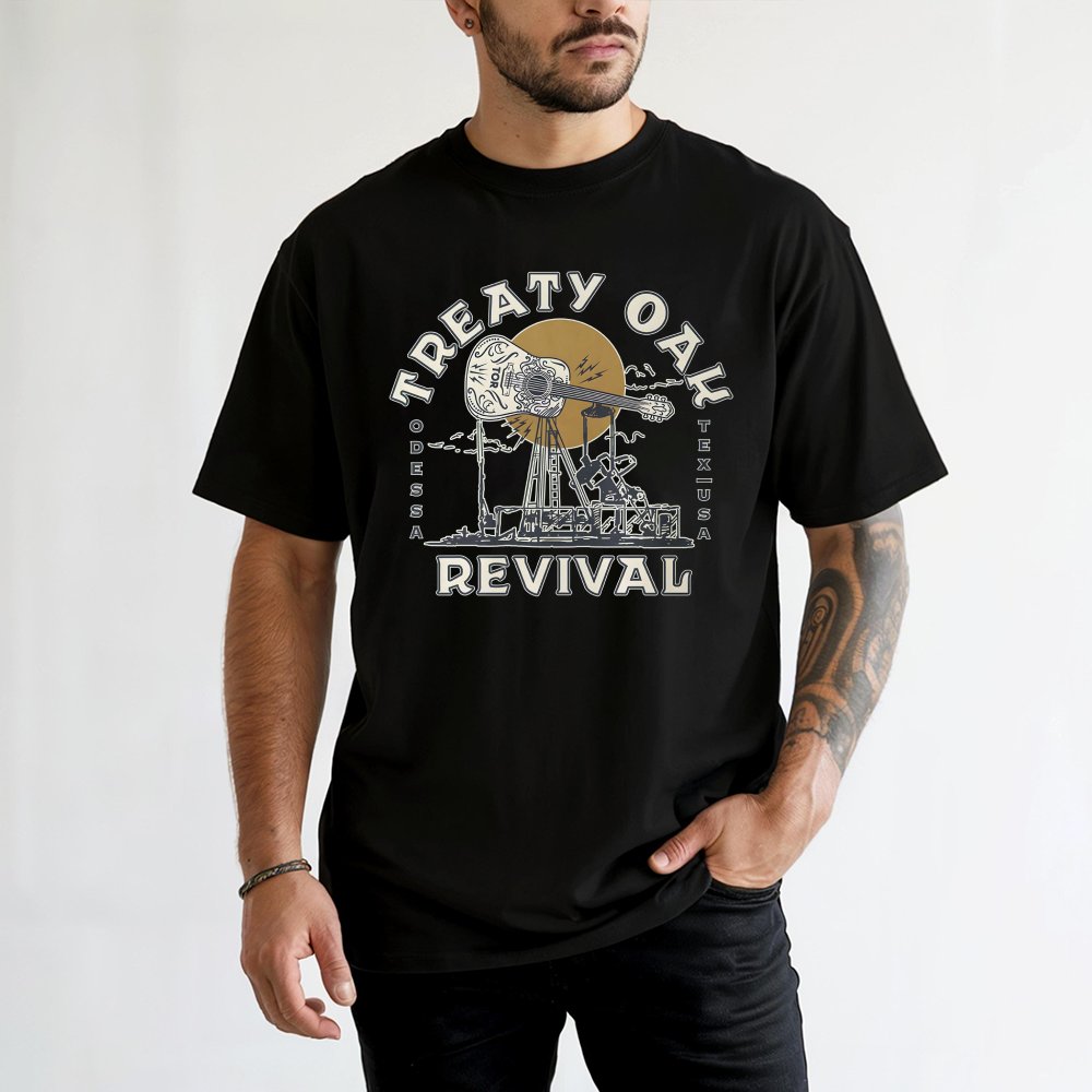 Treaty Oak Revival T-Shirt | Odessa Texas Guitar Oil Rig Graphic | Premium 100% Cotton Tee | Country Music Gift for Men and W