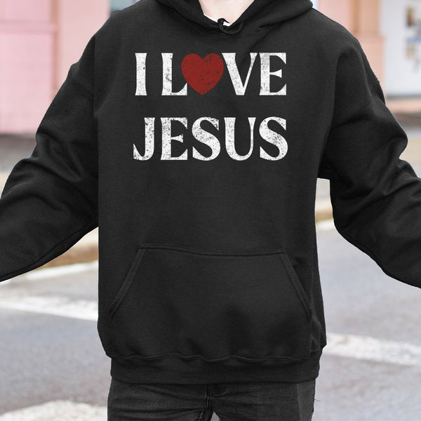 I Love Jesus Hoodie | Distressed Red Heart Religious Graphic | Cotton-Poly Blend Premium Sweatshirt | Faithful Christian Fait