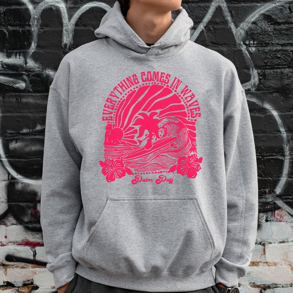 Everything Comes In Waves Hoodie | Retro Surfing Palm Tree Graphic | Premium Cotton Blend | Preppy Aesthetic Gift For Her