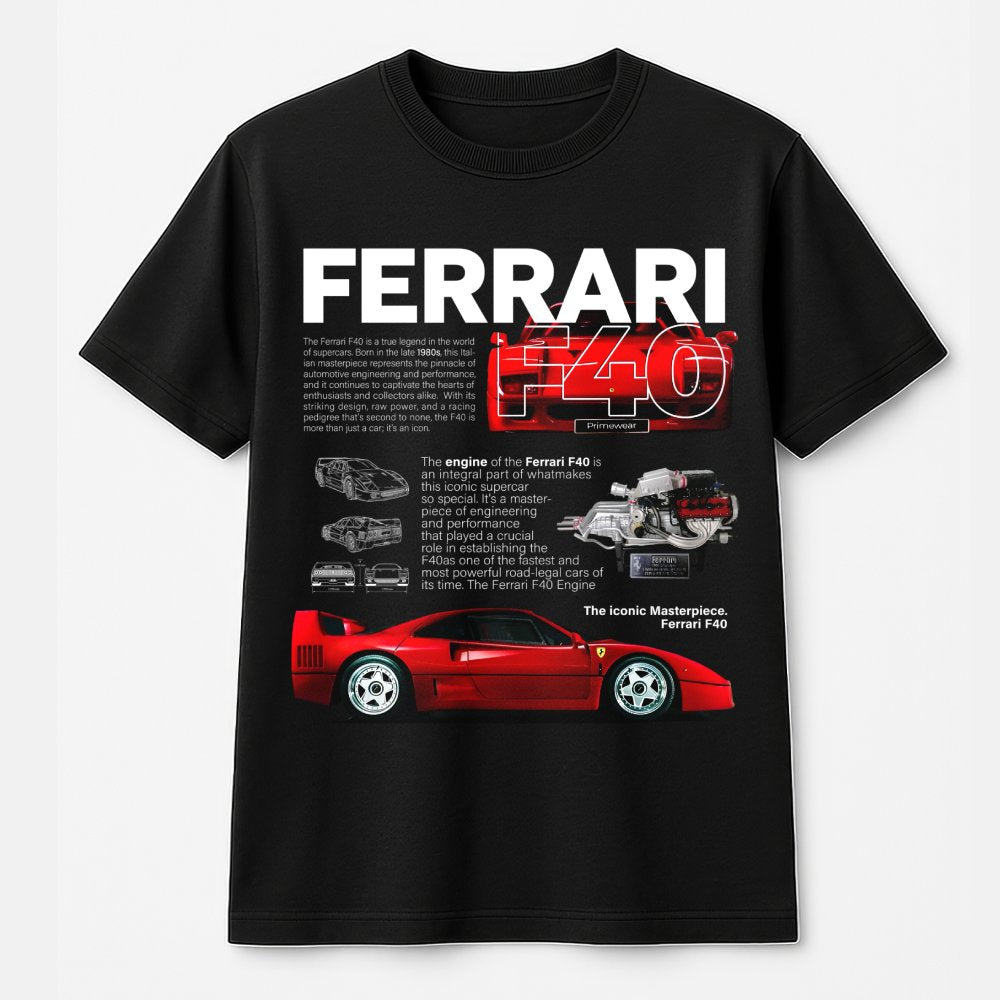 Ferrari F40 Graphic T-Shirt | Retro 1980s Supercar Blueprint Design | Premium 100% Cotton Tee | Gift for Car Enthusiasts and 