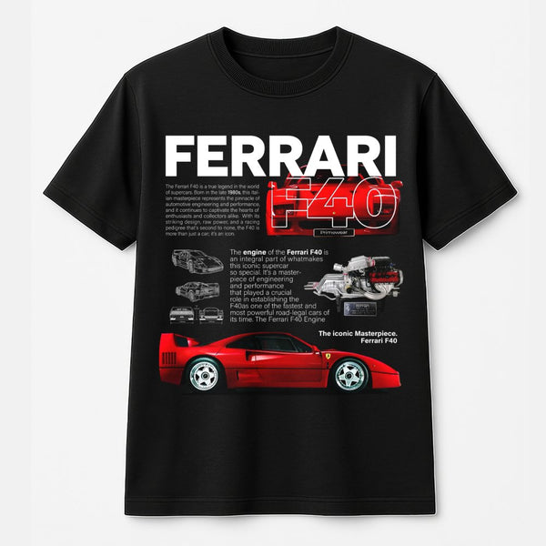 Ferrari F40 Graphic T-Shirt | Retro 1980s Supercar Blueprint Design | Premium 100% Cotton Tee | Gift for Car Enthusiasts and 