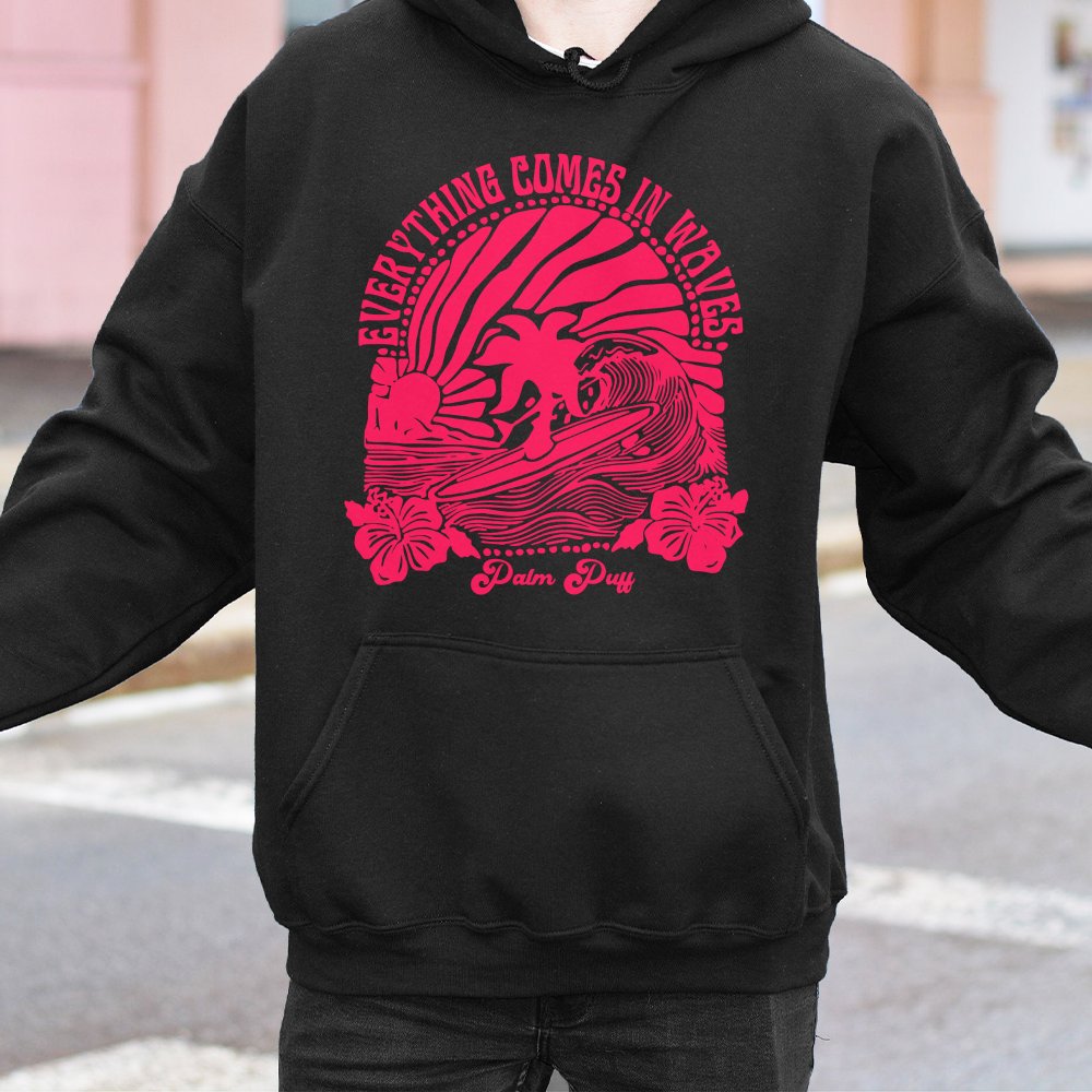 Everything Comes In Waves Hoodie | Retro Surfing Palm Tree Graphic | Premium Cotton Blend | Preppy Aesthetic Gift For Her