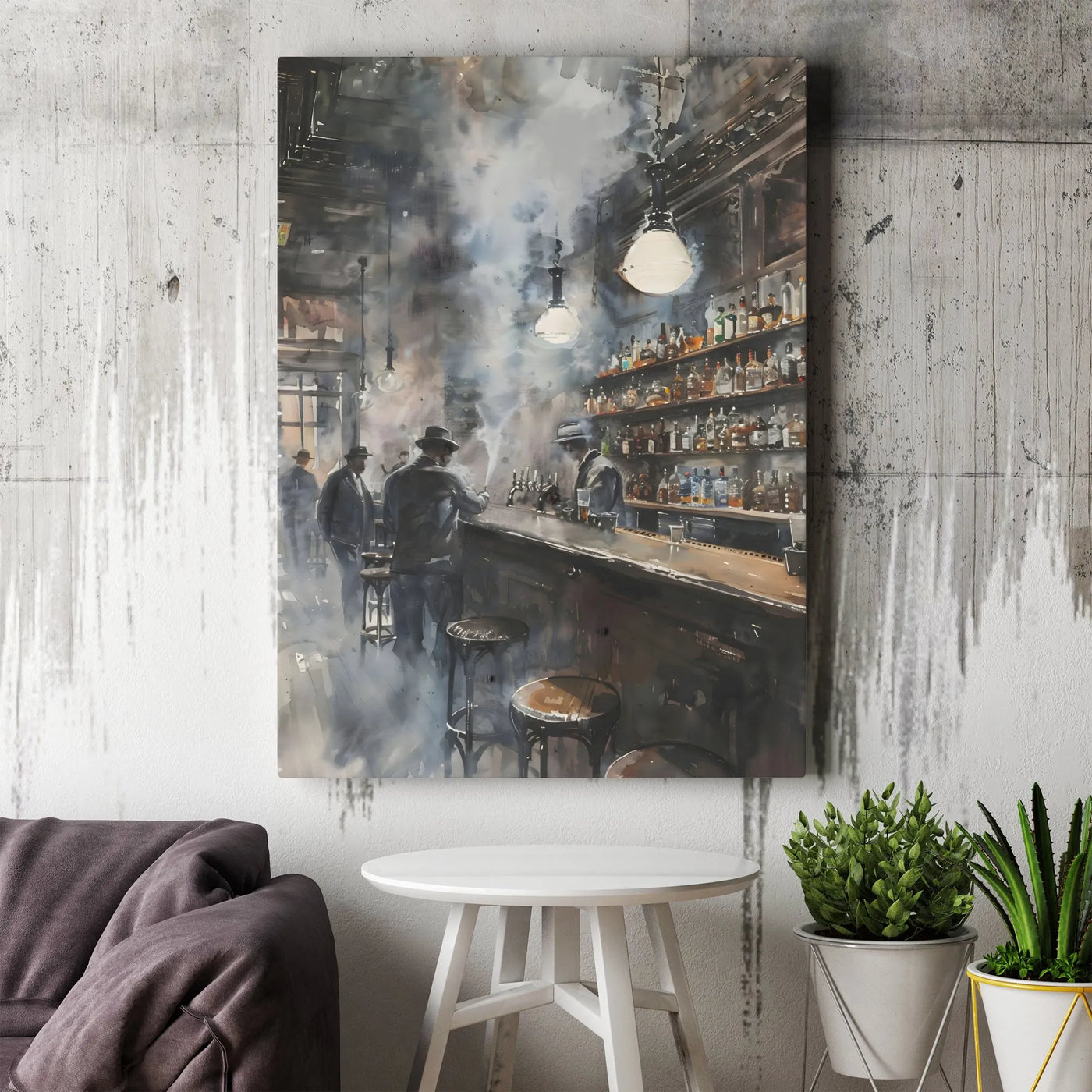 Speakeasy Bar Canvas Wall Art | Smoky Vintage Tavern Watercolor Print | Premium Gallery Wrapped Decor | Prohibition Era Gift 