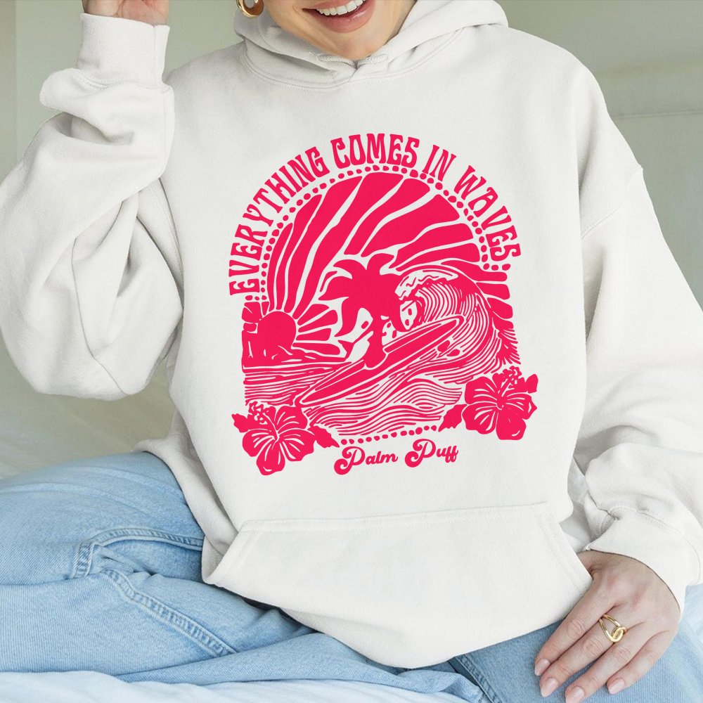 Everything Comes In Waves Hoodie | Retro Surfing Palm Tree Graphic | Premium Cotton Blend | Preppy Aesthetic Gift For Her