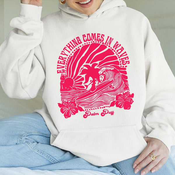 Everything Comes In Waves Hoodie | Retro Surfing Palm Tree Graphic | Premium Cotton Blend | Preppy Aesthetic Gift For Her