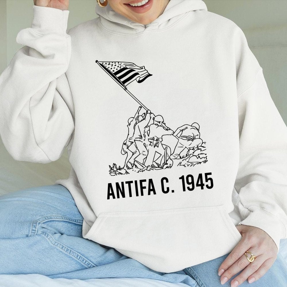 Antifa 1945 Hoodie | Iwo Jima Flag Raising Graphic | Premium Cotton Blend Sweatshirt | Pro-Democracy Anti-Fascist Gift
