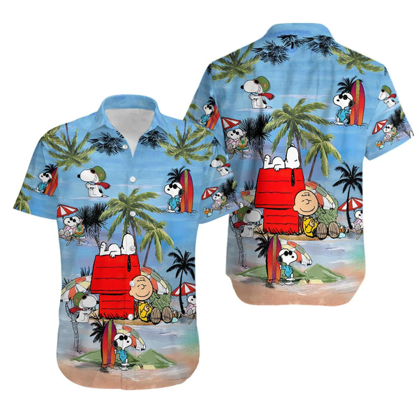 Summer Beach Button Down Shirt | Tropical Snoopy Vacation Print | Lightweight Casual Apparel | Fun Gift For Cartoon Lovers