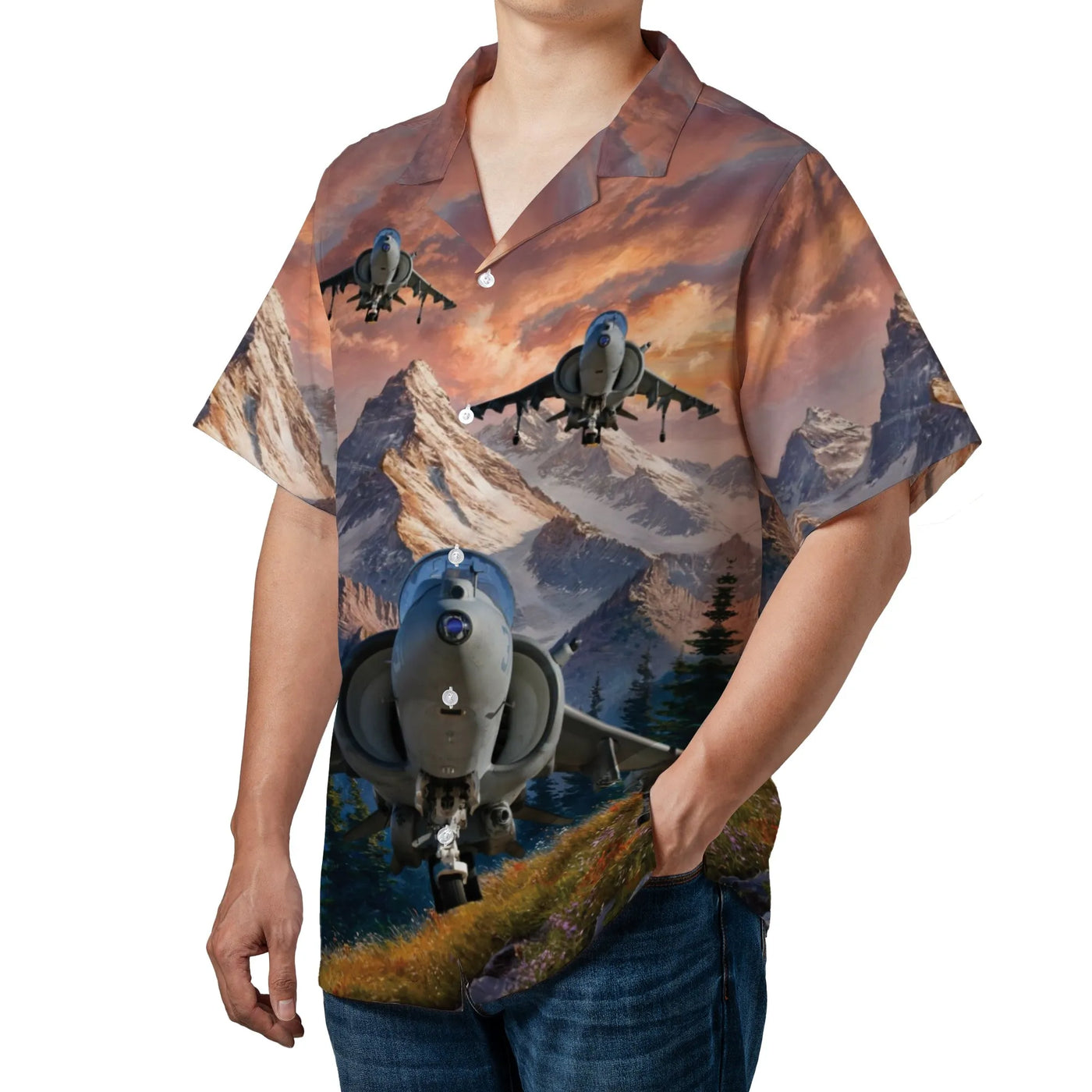 AV-8B Harrier II Hawaiian Shirt | VMAT-203 Hawks Squadron Graphic | Breathable Polyester Aloha Shirt | Military Aviation Enth