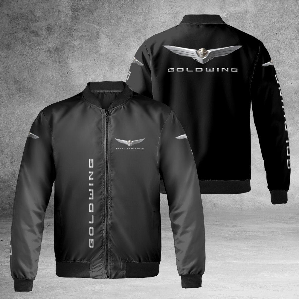 Goldwing Motorcycle Bomber Jacket | Silver Chrome Wing Logo Graphic | Durable Nylon Streetwear | Premium Gift for Motorcycle 