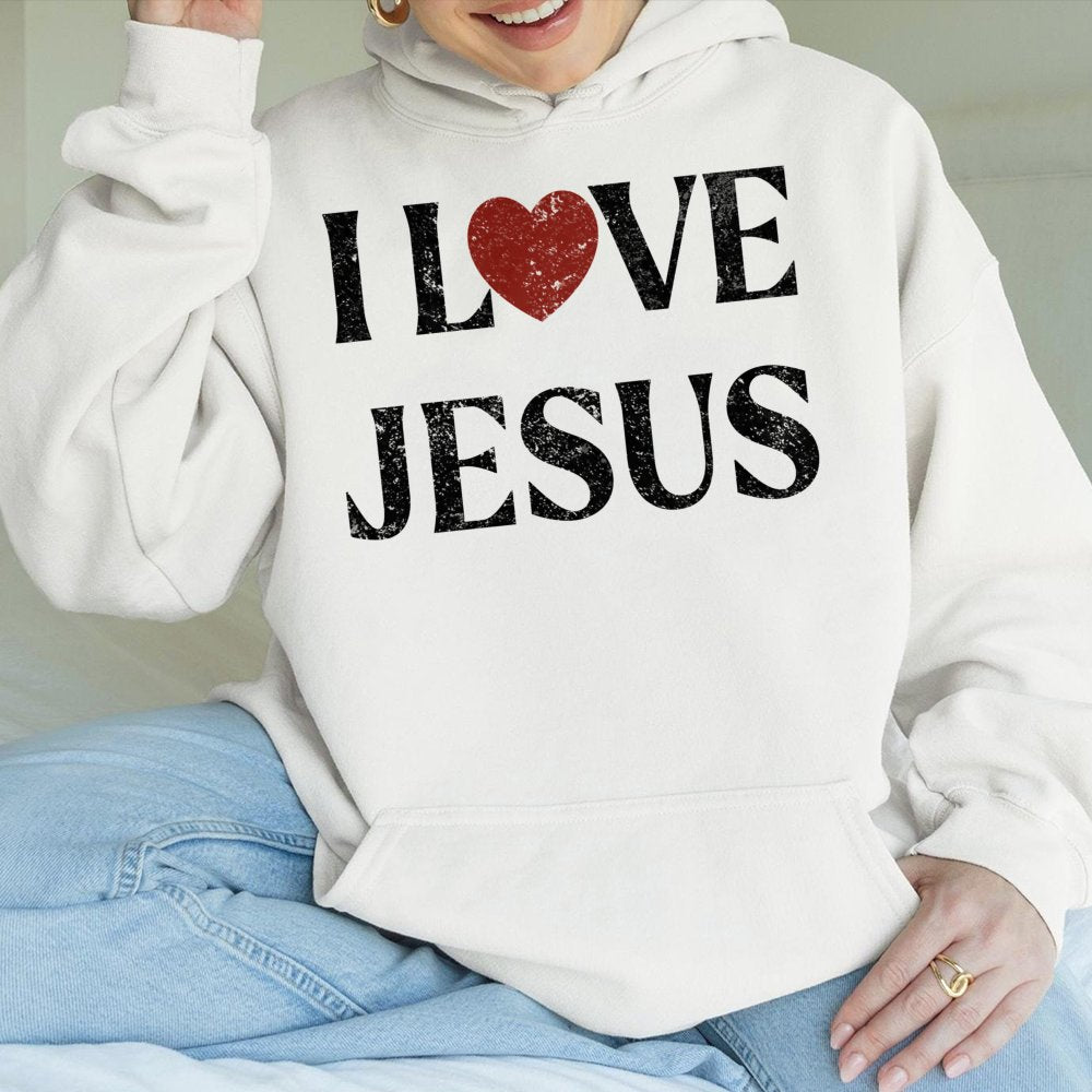 I Love Jesus Hoodie | Distressed Red Heart Religious Graphic | Cotton-Poly Blend Premium Sweatshirt | Faithful Christian Fait