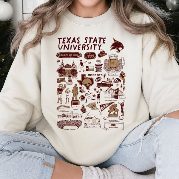Texas State University Sweatshirt | Eat 'Em Up Cats Mascot Landmark Collage | Premium Cotton Blend Crewneck | Gift for Studen