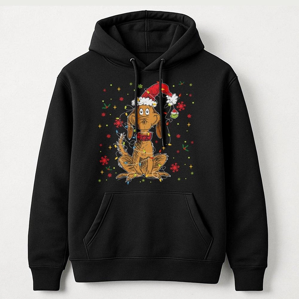 Christmas Dog Hoodie | Max Wearing Santa Hat and Holiday Lights Graphic | Soft Cotton-Poly Blend | Festive Holiday Gift for D