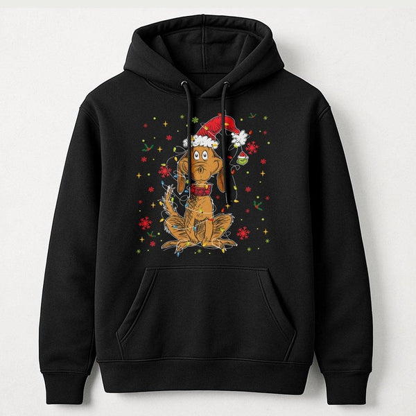 Christmas Dog Hoodie | Max Wearing Santa Hat and Holiday Lights Graphic | Soft Cotton-Poly Blend | Festive Holiday Gift for D