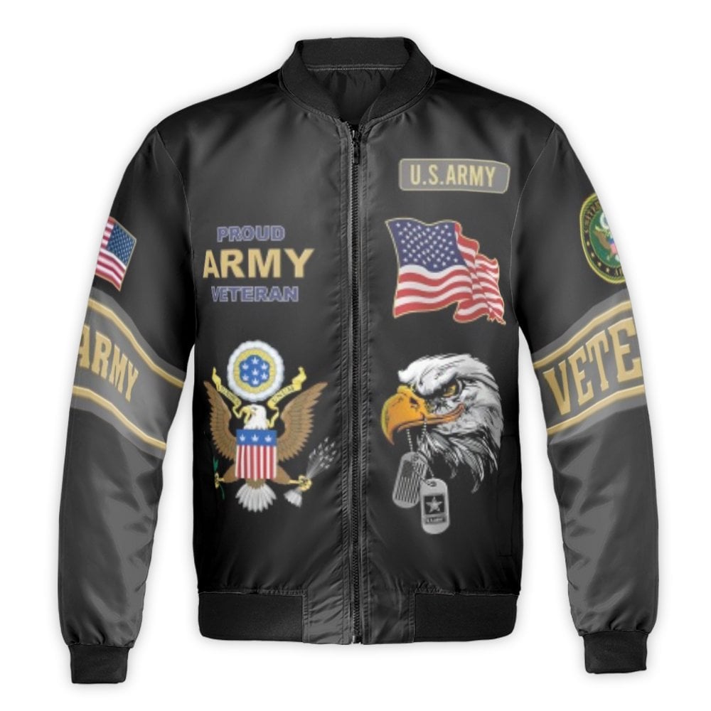 US Army Veteran Bomber Jacket | Patriotic Eagle & American Flag Print | Durable Nylon Shell | Premium Military Pride Gift for