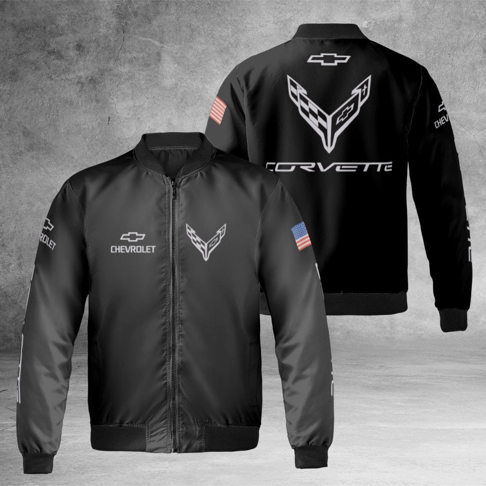 Chevrolet Corvette Bomber Jacket | C8 Logo American Flag Print | Durable Nylon Streetwear | Premium Gift for Sports Car Enthu