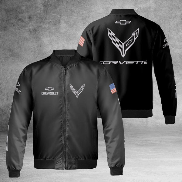 Chevrolet Corvette Bomber Jacket | C8 Logo American Flag Print | Durable Nylon Streetwear | Premium Gift for Sports Car Enthu