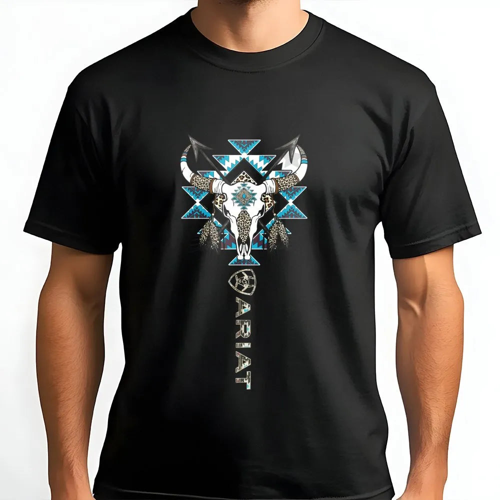 Western Bull Skull T-Shirt | Aztec Tribal Longhorn Graphic | Premium Cotton Unisex Tee | Cowboy Ranch Gift for Her