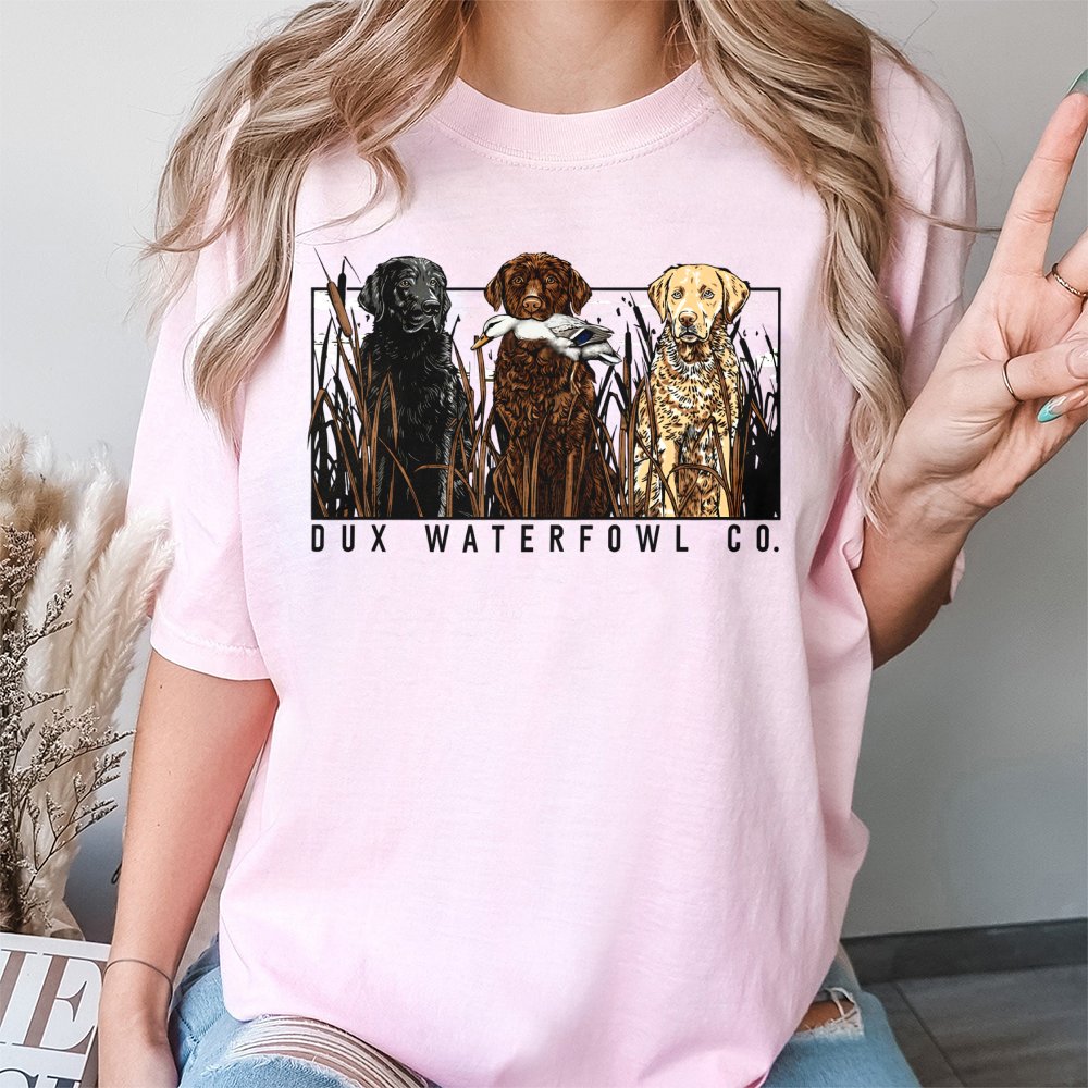 Dux Waterfowl Hunting Dog T-Shirt | Retriever Trio Graphic | 100% Cotton Premium Tee | Outdoor Gift for Duck Hunters and Dog 