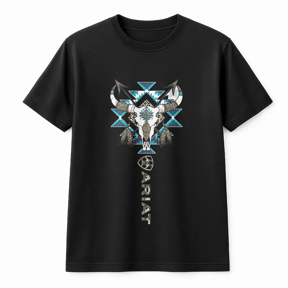 Western Bull Skull T-Shirt | Aztec Tribal Longhorn Graphic | Premium Cotton Unisex Tee | Cowboy Ranch Gift for Her