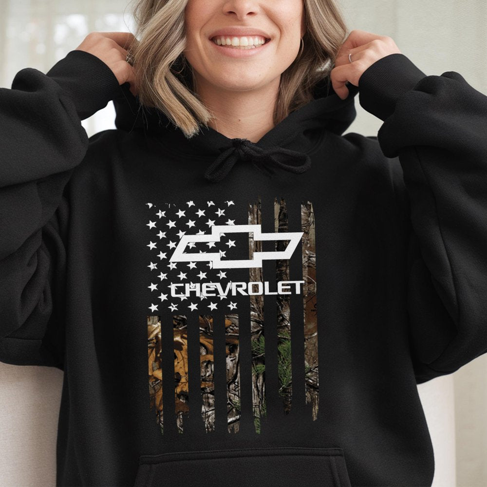 Chevrolet Camo Flag Hoodie | Distressed USA Flag Graphic Design | Premium Cotton Blend | Gift for Truck Lovers and Auto Enthu