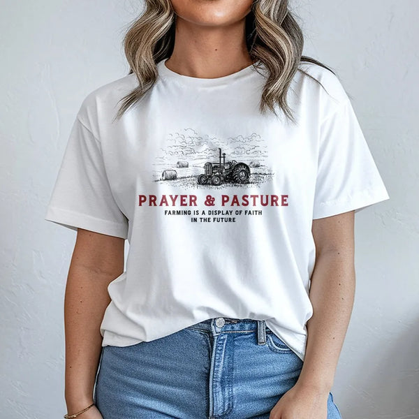 Prayer And Pasture T-Shirt | Faith Based Farm Quote | Premium Soft Cotton Apparel | Christian Farmer Gift for Men and Women