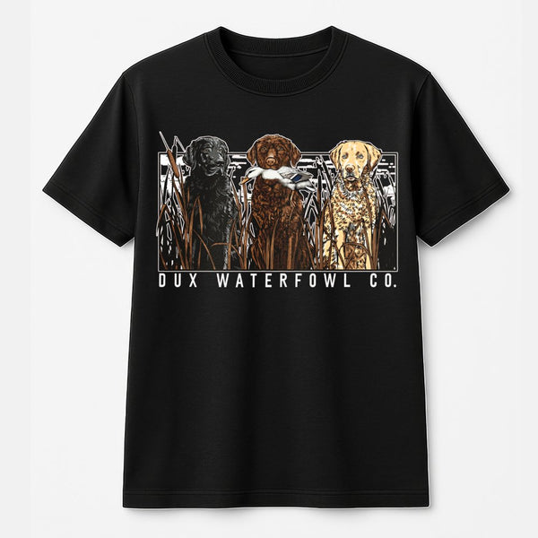 Dux Waterfowl Hunting Dog T-Shirt | Retriever Trio Graphic | 100% Cotton Premium Tee | Outdoor Gift for Duck Hunters and Dog 