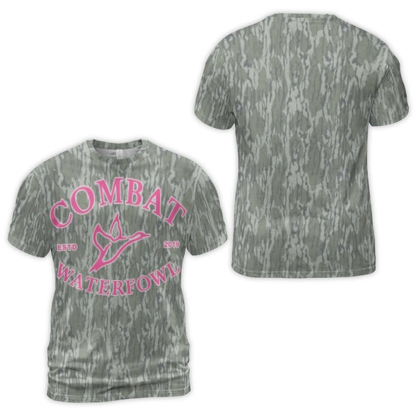 Combat Waterfowl T-Shirt | Pink Duck Logo All-Over Camo Print | Premium Poly-Spandex Blend | Hunting Gear Gift for Outdoorsme