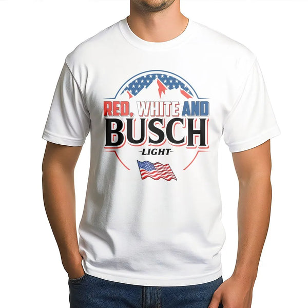Red White and Busch Light T-Shirt | Patriotic American Flag Graphic Tee | Premium Cotton Casual Apparel | Fourth of July Beer