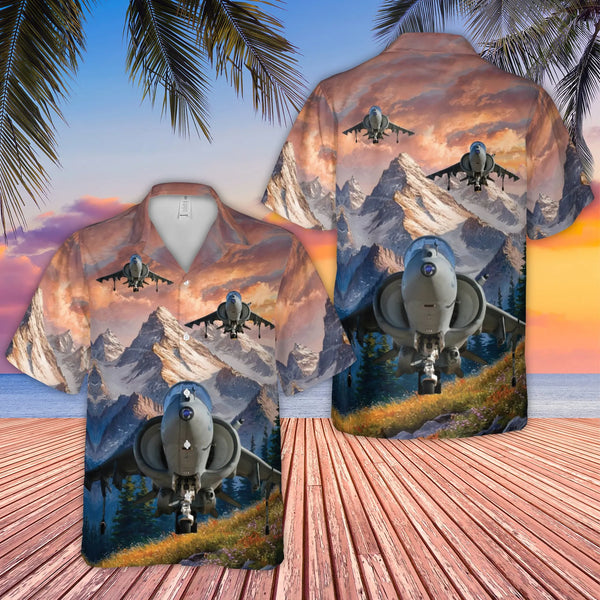 AV-8B Harrier II Hawaiian Shirt | VMAT-203 Hawks Squadron Graphic | Breathable Polyester Aloha Shirt | Military Aviation Enth