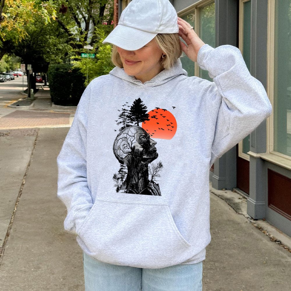 Anatomical Human Head Hoodie | Artistic Silhouette Surreal Nature Graphic | Premium Cotton Blend | Unique Gift for Science an