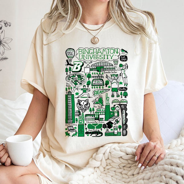 Binghamton University T-Shirt | Campus Map Doodle Graphic | 100% Cotton Premium Tee | Collegiate Bearcats Gift for Students &