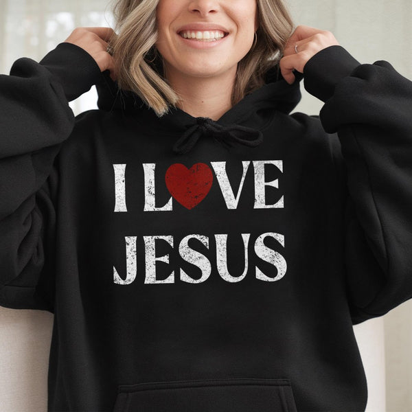 I Love Jesus Hoodie | Distressed Red Heart Religious Graphic | Cotton-Poly Blend Premium Sweatshirt | Faithful Christian Fait