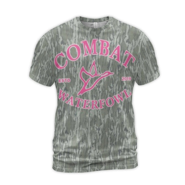 Combat Waterfowl T-Shirt | Pink Duck Logo All-Over Camo Print | Premium Poly-Spandex Blend | Hunting Gear Gift for Outdoorsme