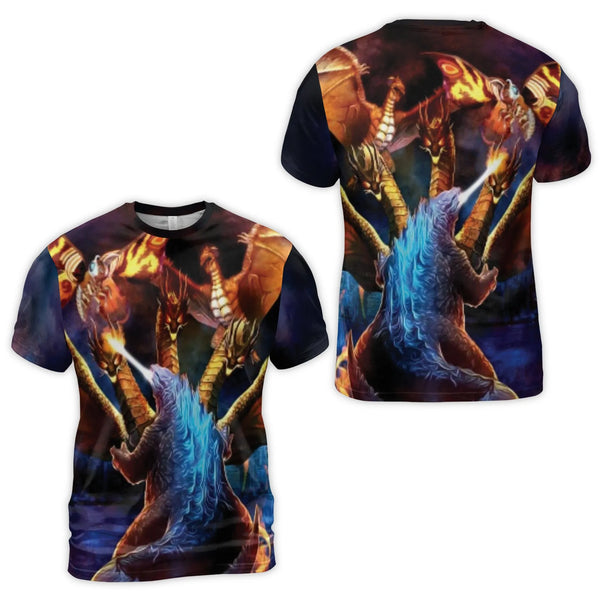 Kaiju Battle All-Over Print T-Shirt | Monster Clash 3D Graphic | Premium Polyester Blend | Gift For Movie Fans